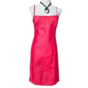 Ralph Lauren Vtg 90s Minimalist Red Leather Babydoll Square Neck Mini Dress 8